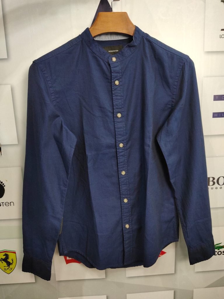 Band collar blue shirt for men