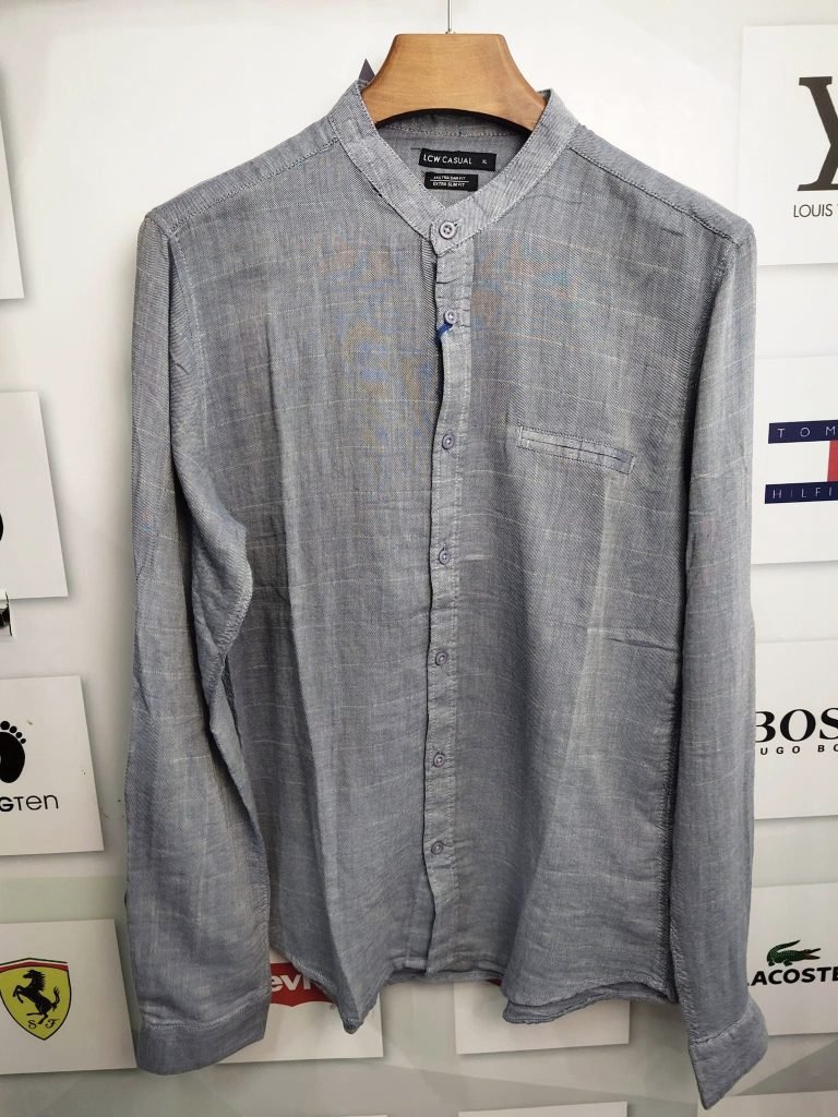 Band collar grey casual shirt for men