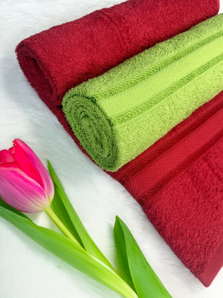 Blue Bird Cherry Red and Lime Green bath towel combo