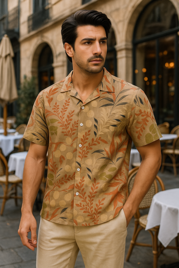 Desire Linen Cotton Beige Tropical Leaf Cuban Half Shirt