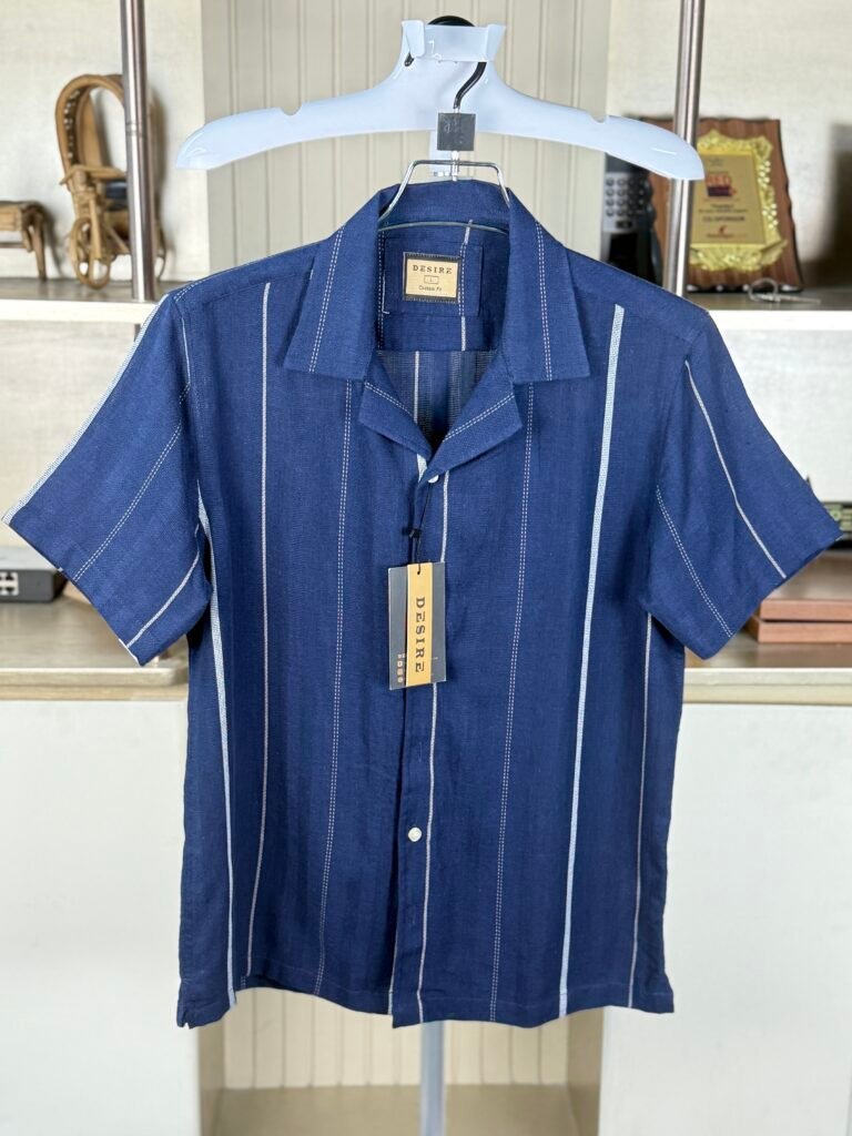 Desire Linen Cotton Navy Stripe Cuban Half Shirt