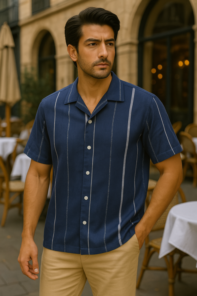 Desire Linen Cotton Navy Stripe Cuban Half Shirt