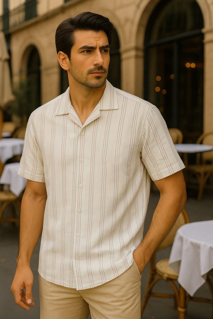 Desire Linen Cotton Off White Casual Stripe Cuban Half Shirt