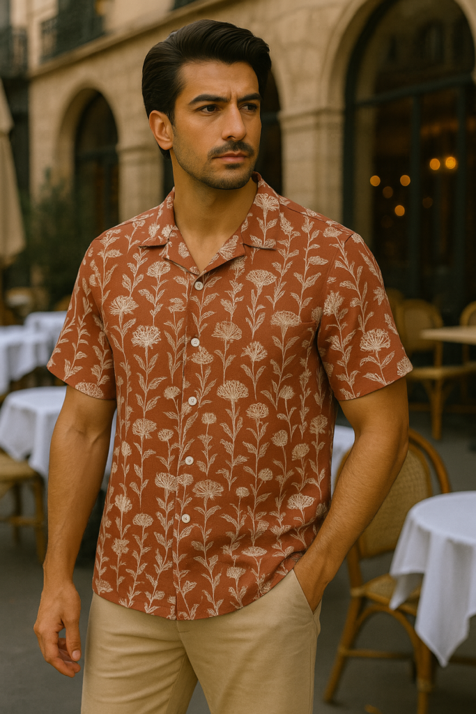 Desire Linen Cotton Rust Floral Print Cuban Half Shirt