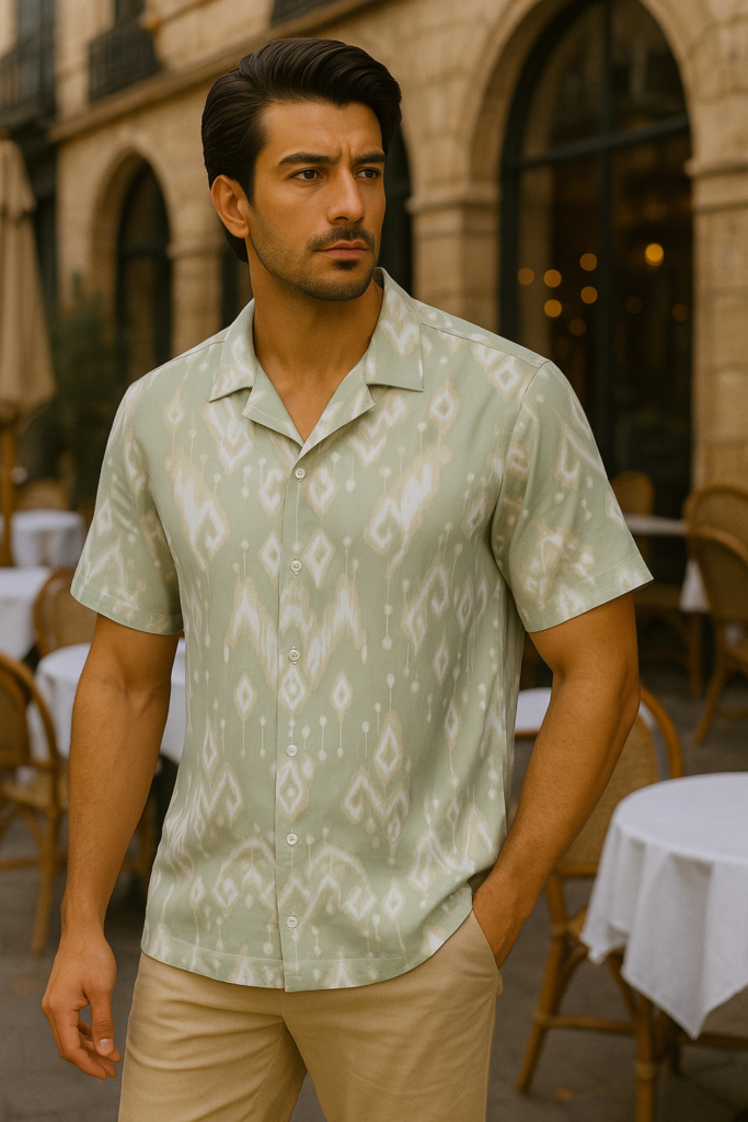 Desire Linen Cotton Sage Ikat Cuban Half Shirt