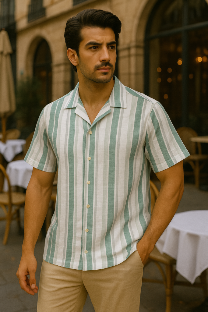 Desire Linen Cotton W.Mint Stripe Cuban Half Shirt