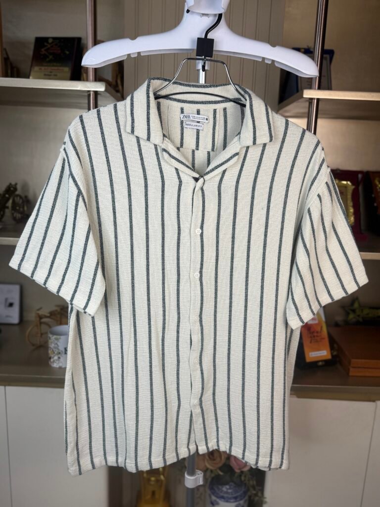 Zara Bomber Cotton Cuban Shirt for Men Off-White Thin Stripe