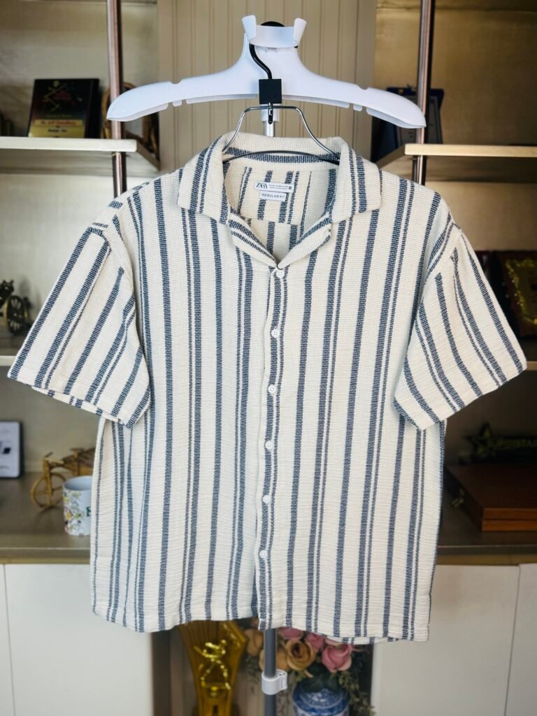 Zara Bomber Cotton Cuban Shirt for Men Off-WhiteThick Stripe