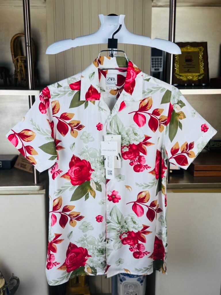 Zara Tropical Red Rose Print Linen Cuban Shirt For Men