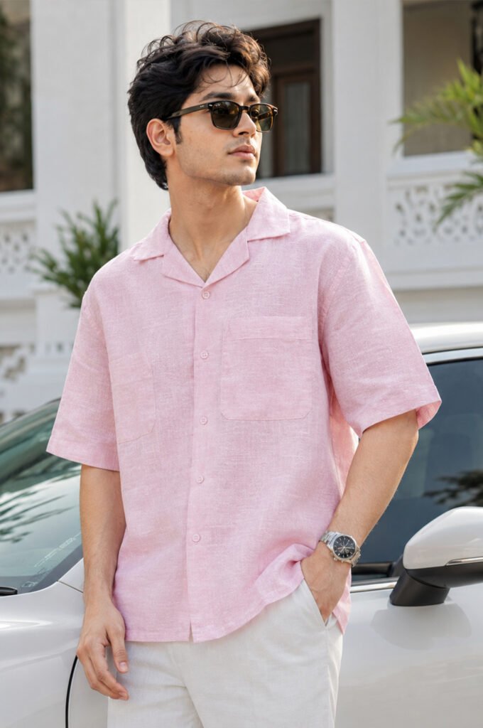 Ariza Linen Cuban Shirt for Men Pink
