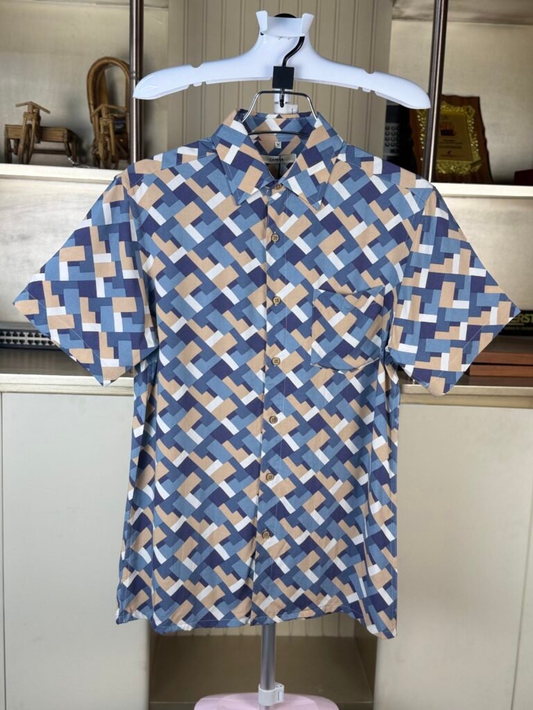 M.Campia Linen Cotton Abstract Geo Print Half Shirt For Men