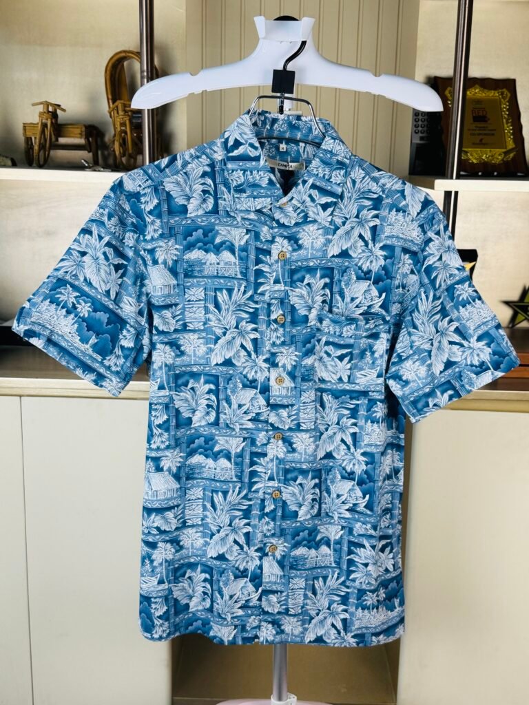 M.Campia Linen Cotton Blue Palm Island Pattern Half Shirt For Men