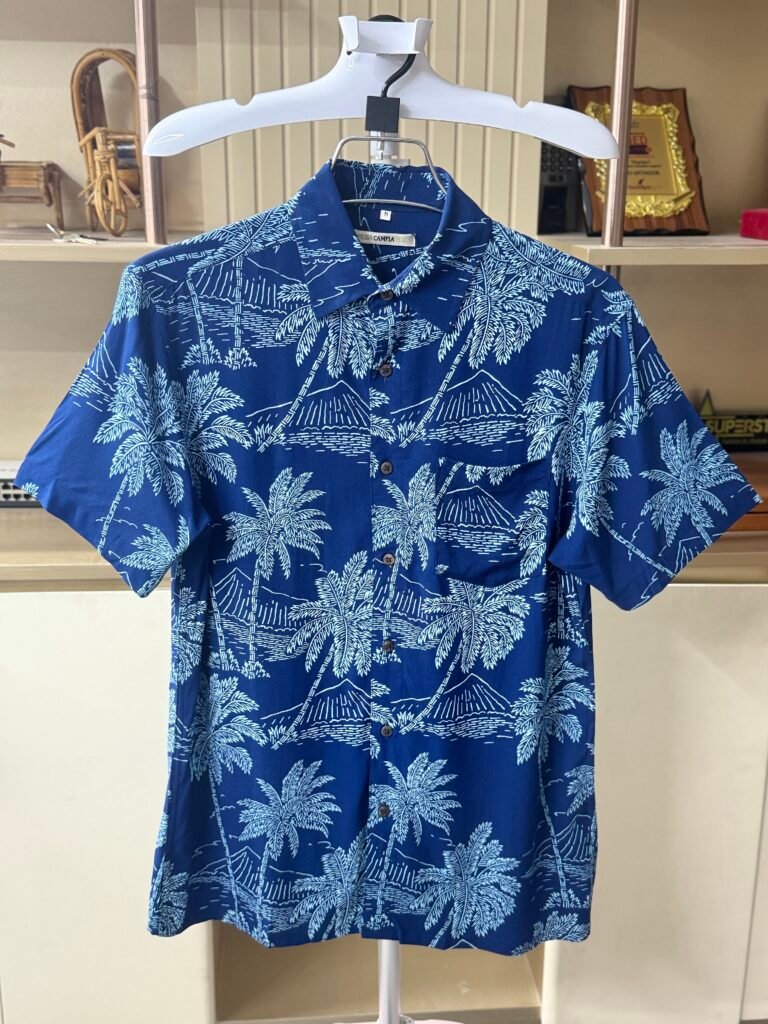 M.Campia Linen Cotton Blue Tropical Print Half Shirt For Men