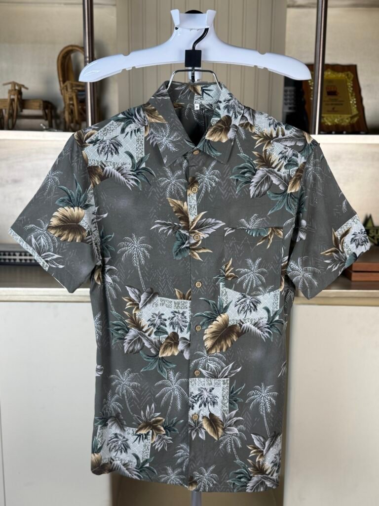M.Campia Linen Cotton Olive Island Vibes Half Shirt For Men