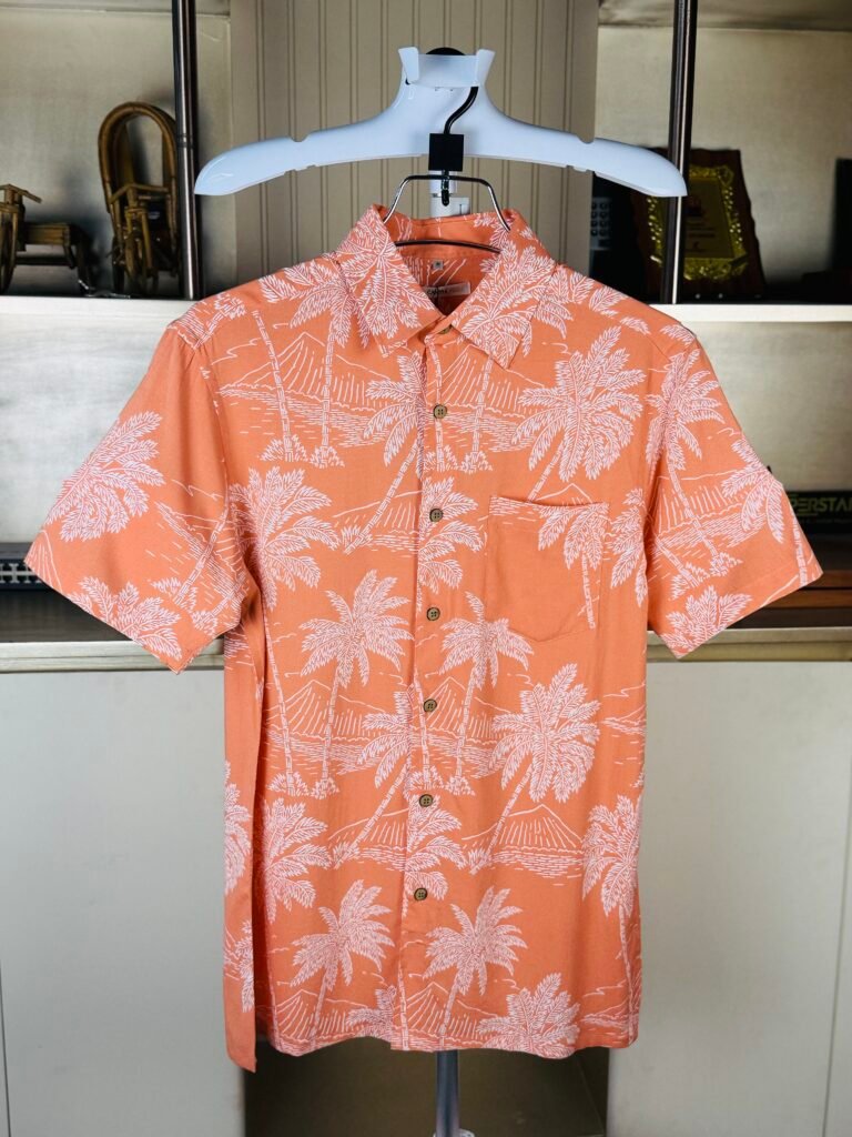 M.Campia Linen Cotton Tropical Orange Palm Print Half Shirt For Men