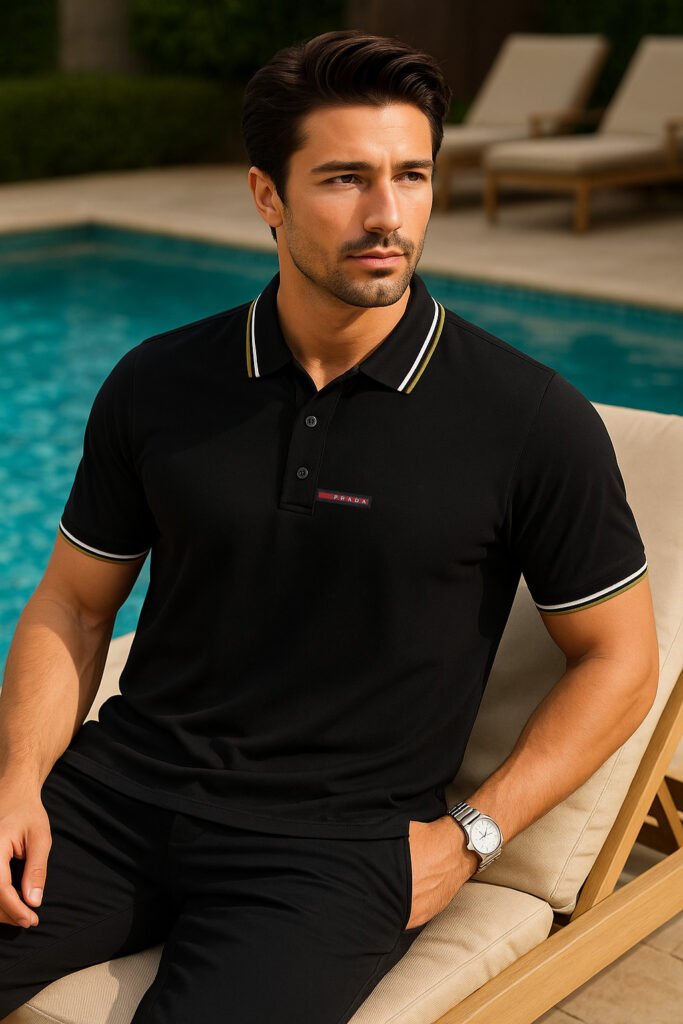 PRADA SPANDEX COTTON POLO BLACK FOR MEN