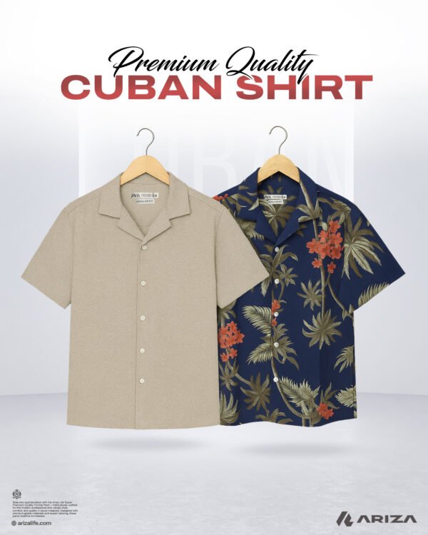 Cuban Half Shirt in Bangladesh–Beige & Floral Blue