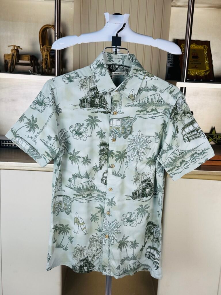 M.Campia Linen Cotton Vintage Island Print Half Shirt For Men