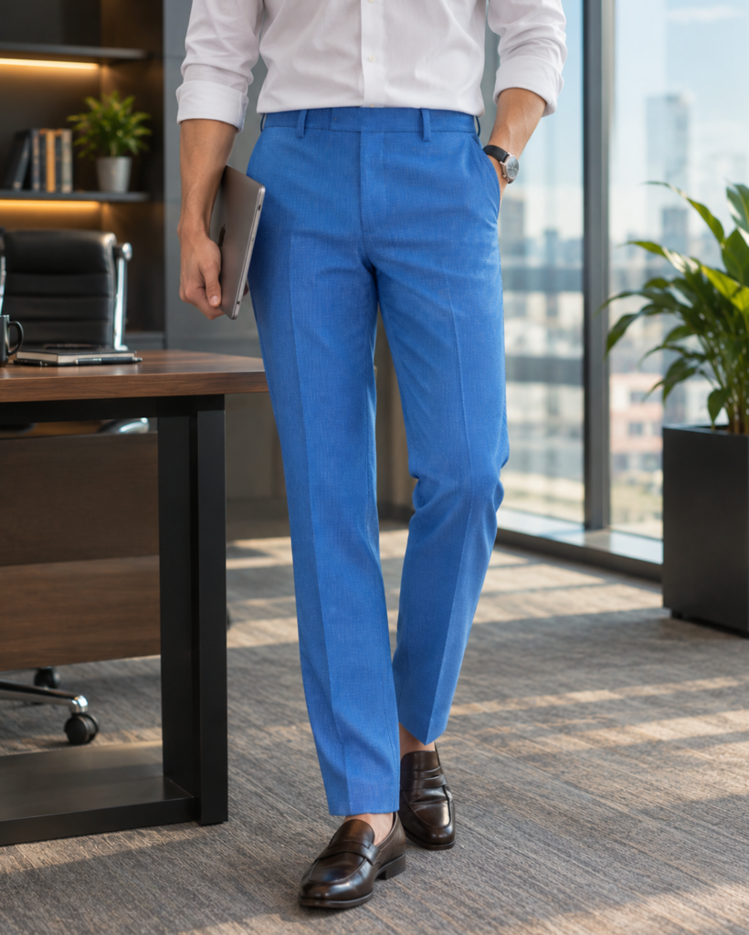 Knit Spandex Cotton R.Blue Slim Fit Mens Formal Pant