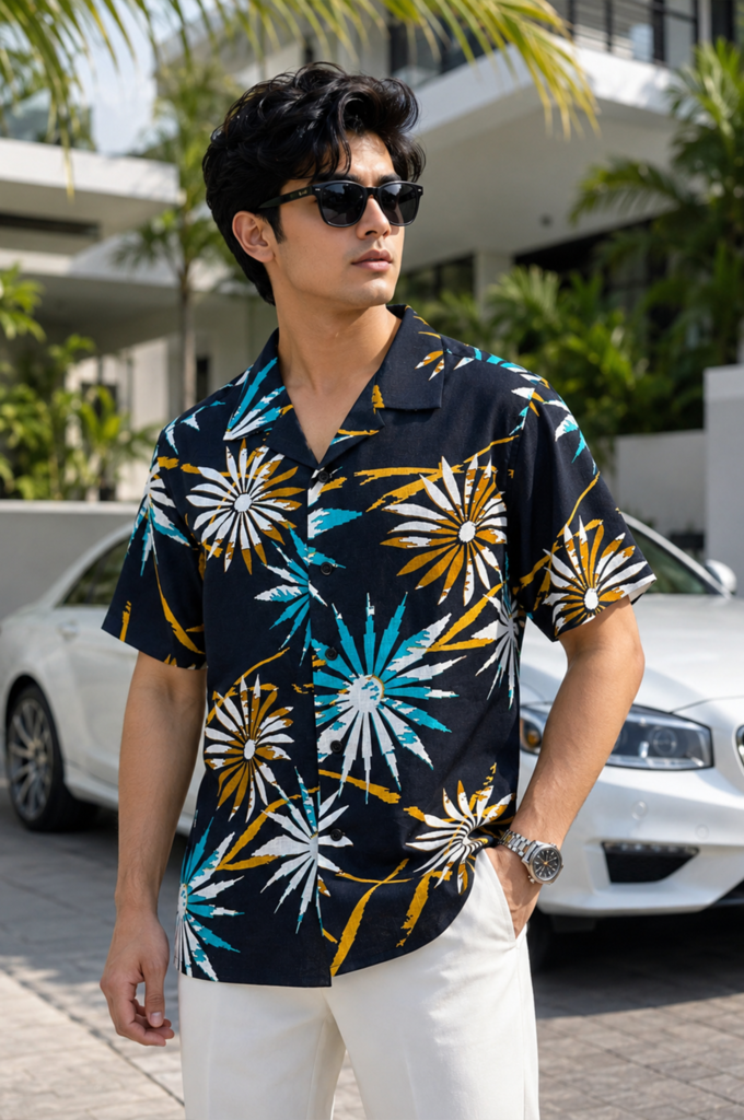 Ariza Black Tropical Floral Premium Linen Cuban Collar Shirt