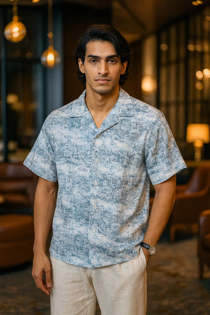 Ariza Coastal Toile Print Premium Linen Cuban Collar Shirt