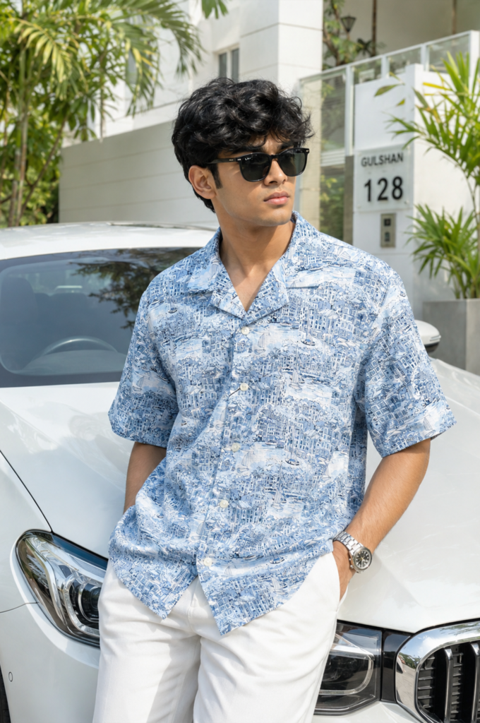 Ariza Coastal Toile Print Premium Linen Cuban Collar Shirt