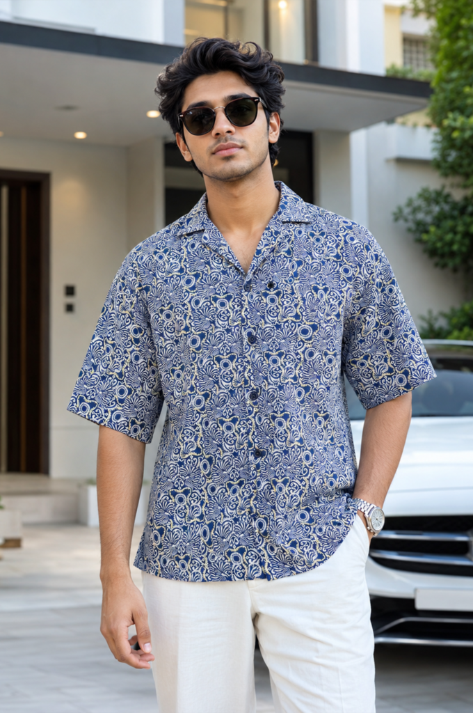 Ariza Navy Floral Print Cuban Collar Shirt – Premium Linen Casual Wear