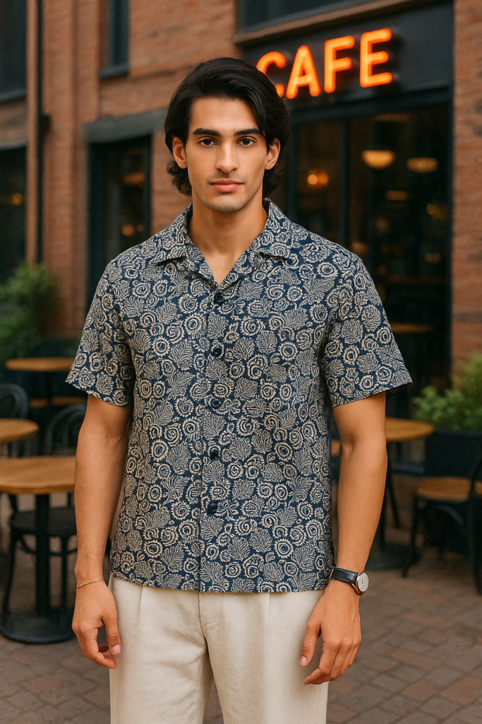 Ariza Navy Floral Print Cuban Collar Shirt – Premium Linen Casual Wear