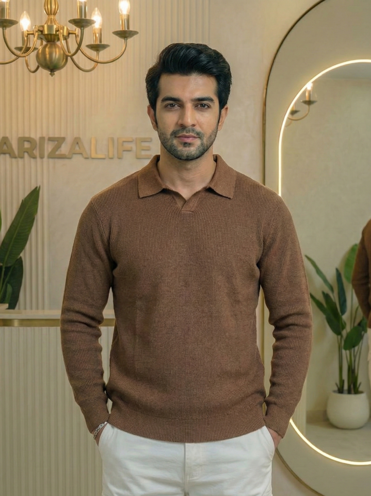 Mens Full Sleeve Sweater Polo – Coffee Color